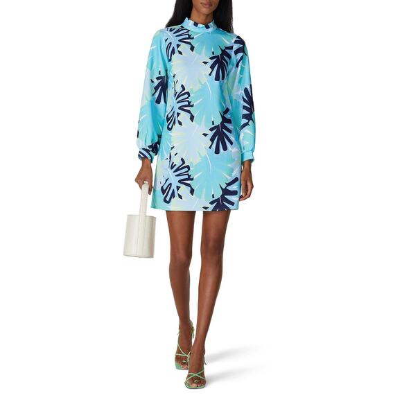 SAIL TO SABLE Blue Palm Tree High Neckline Mock Neck Mini Dress Size 8 - Picture 2 of 15